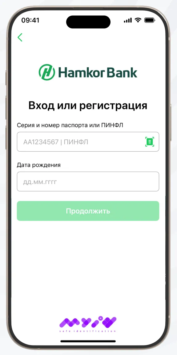 Pasport seriyasi va raqami hamda tug‘ilgan sanani kiriting.